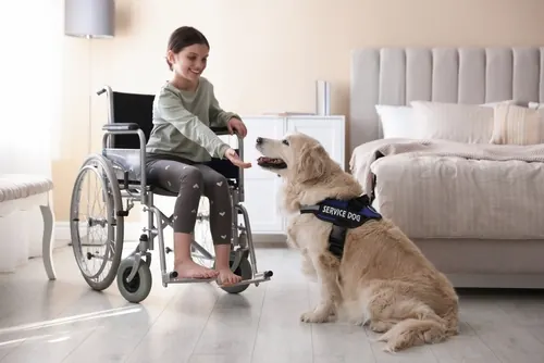 A girl in a wheelchair reaching out to a golden retriever wearing a service dog harness