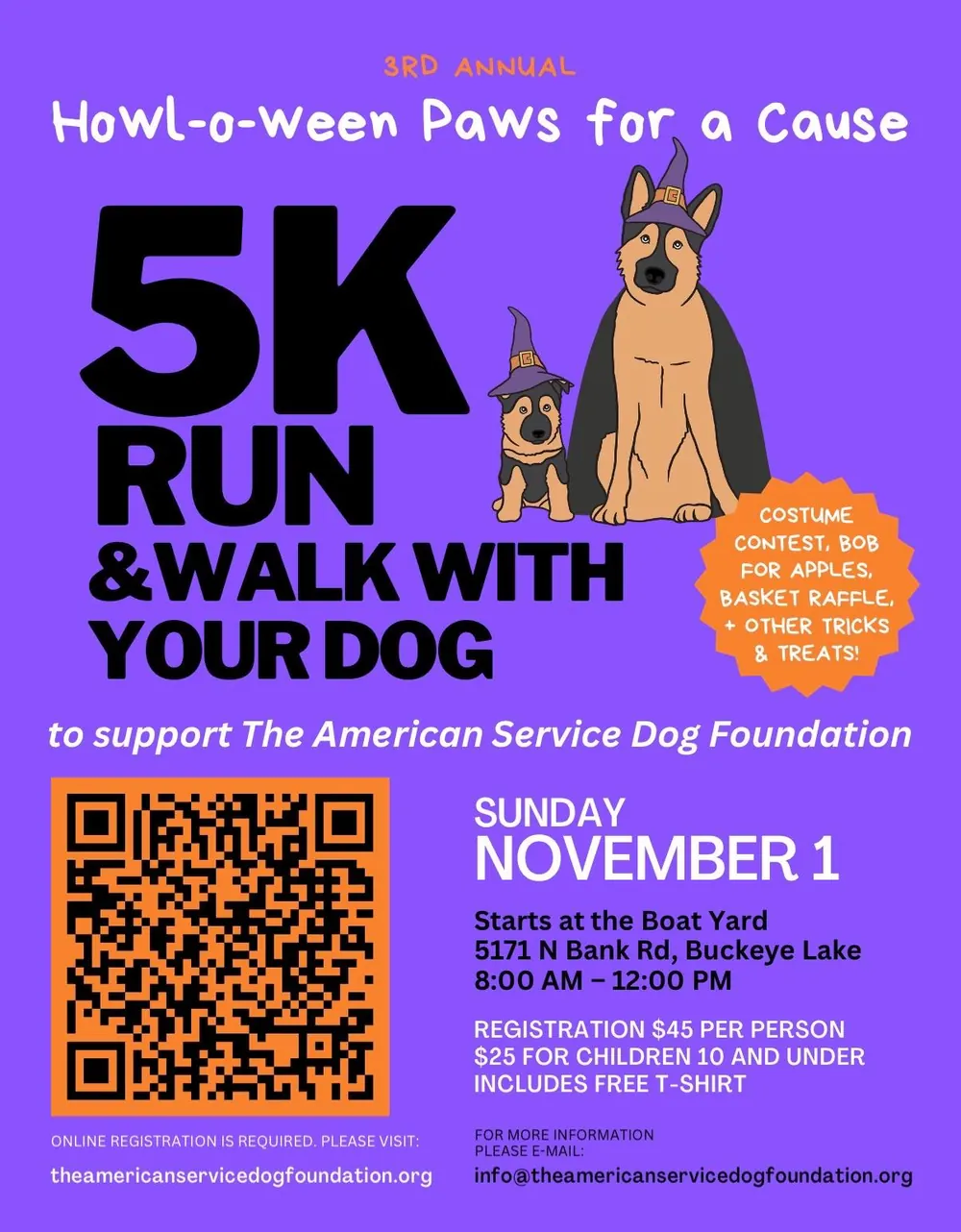 Printed flyer for the 3rd Annual Howl-o-ween Paws for a Cause 5K run and walk with your dog at Buckeye Lake, Ohio